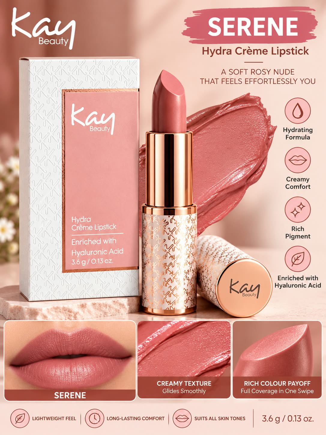 Kay Beauty Hydra Creme Serum Lipstick -Rich Color & Hyaluronic Acid for Deep Hydration