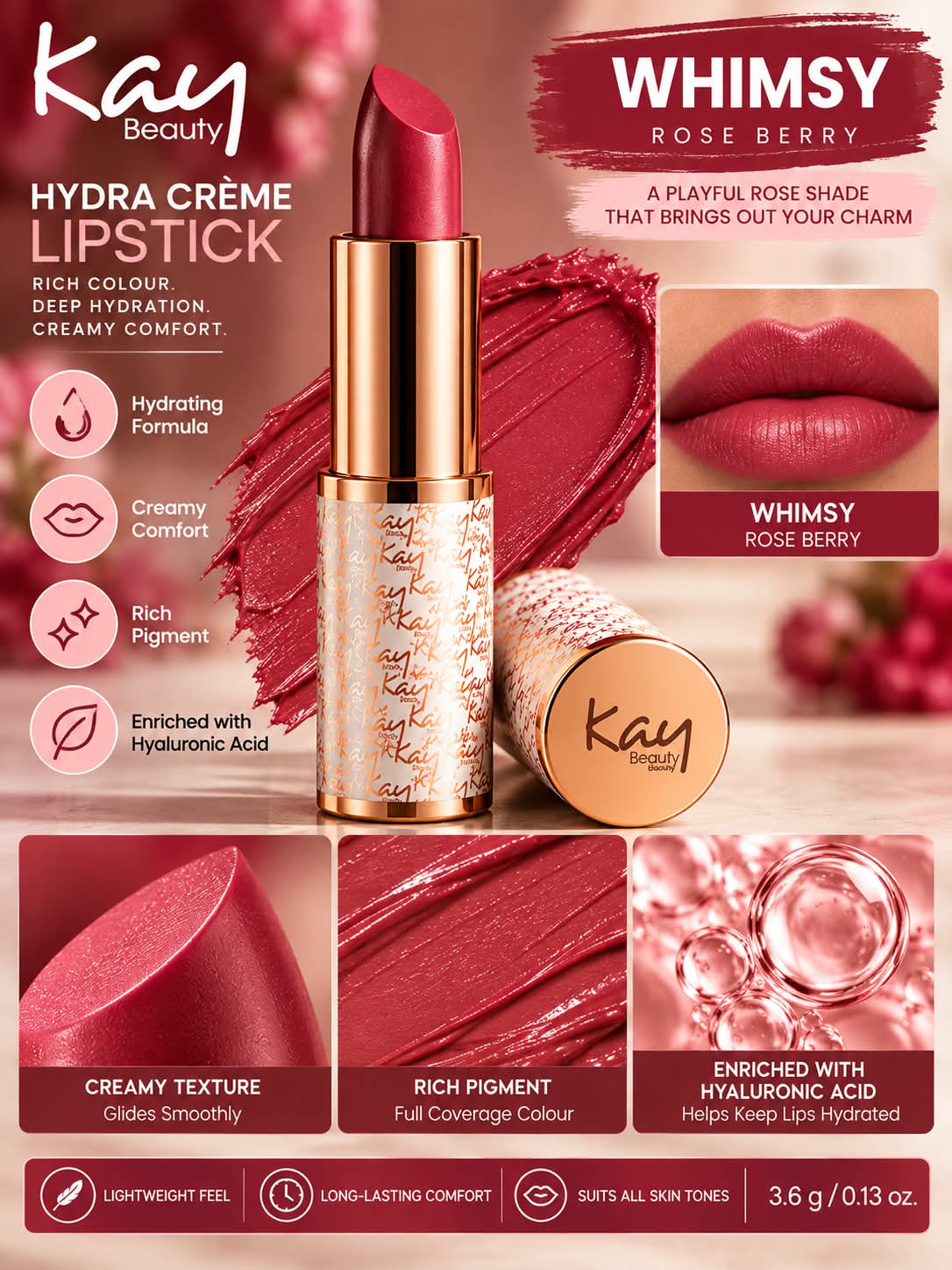 Kay Beauty Hydra Creme Serum Lipstick -Rich Color & Hyaluronic Acid for Deep Hydration