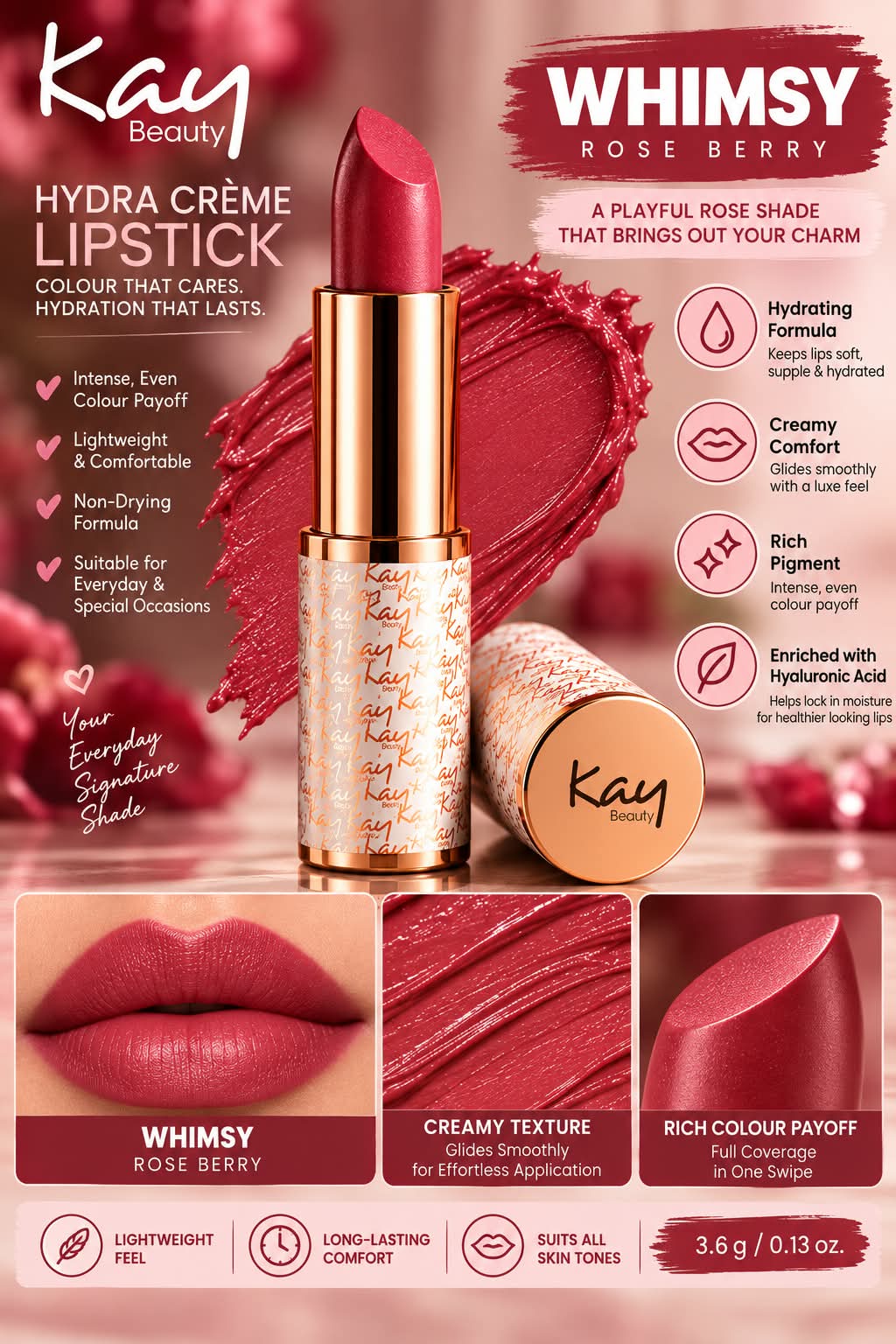 Kay Beauty Hydra Creme Serum Lipstick -Rich Color & Hyaluronic Acid for Deep Hydration