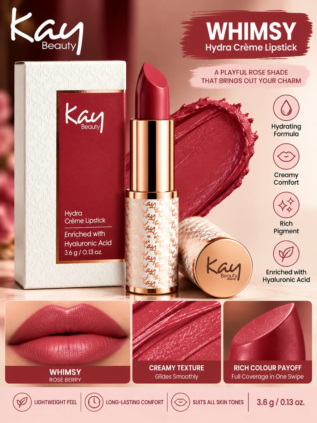 Kay Beauty Hydra Creme Serum Lipstick -Rich Color & Hyaluronic Acid for Deep Hydration