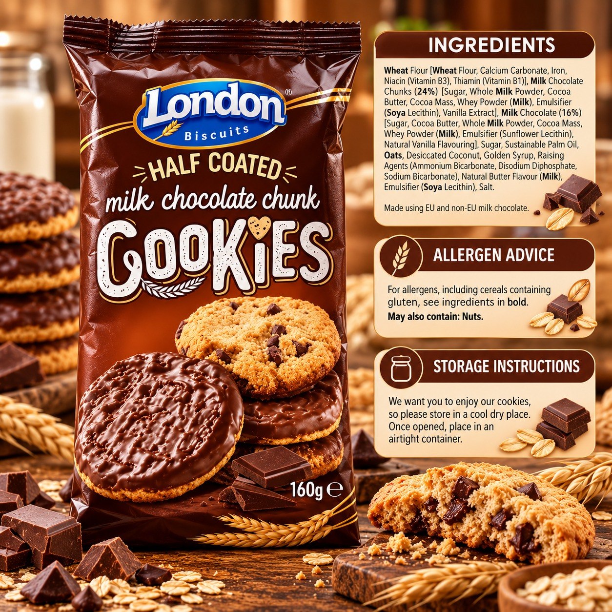 London Biscuits Half Coated Milk Chocolate Chunk Cookies 160gm