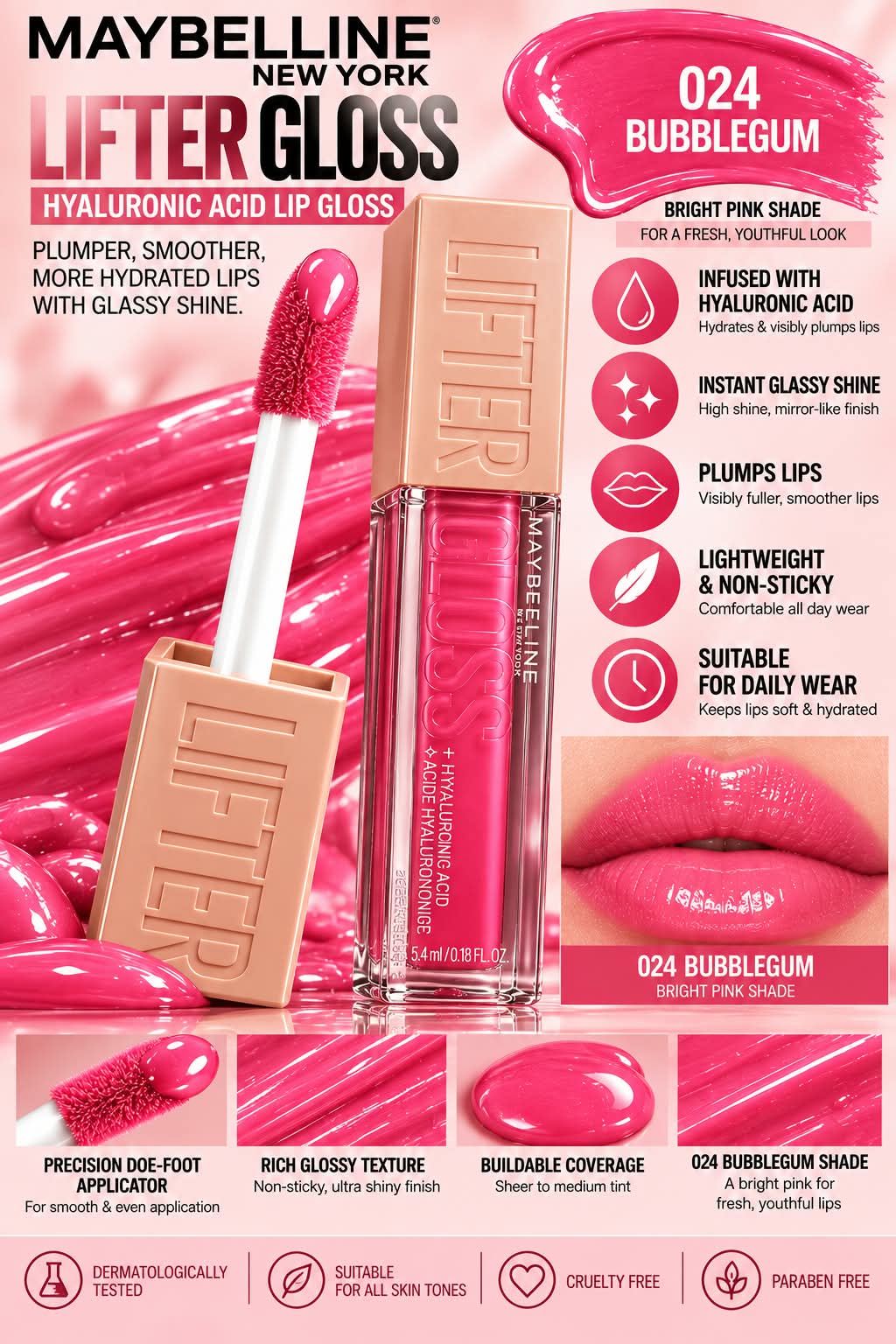 Maybelline New York Lifter Gloss - Rust, Tinted Lip Gloss With Hyaluronic Acid & Long-lasting