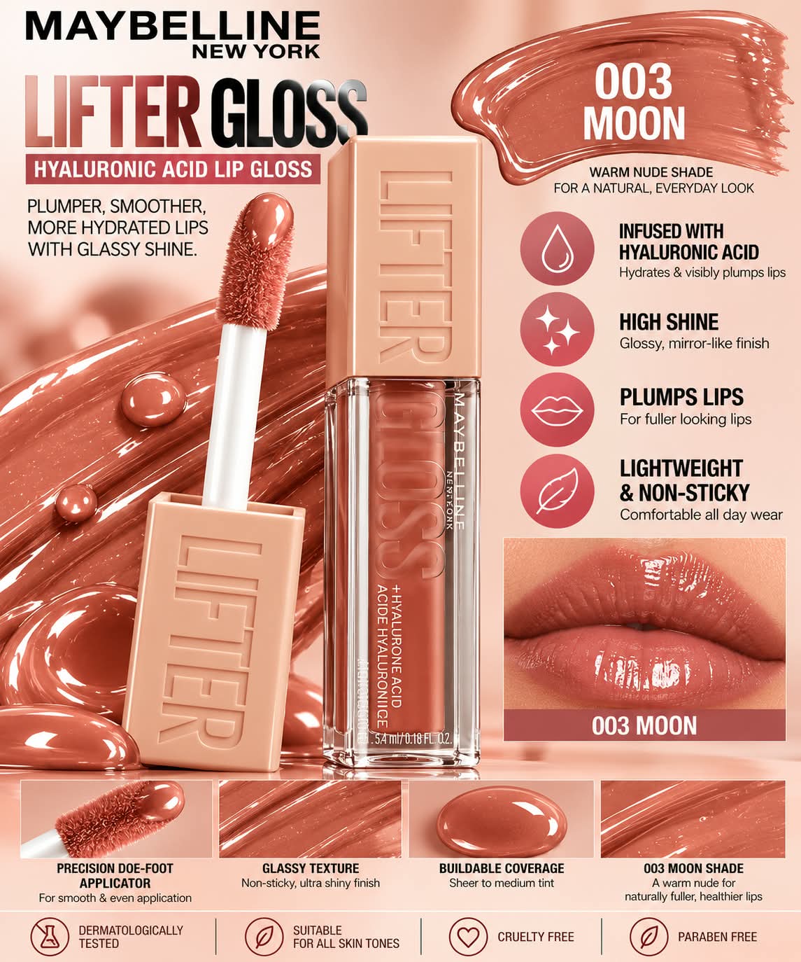 Maybelline New York Lifter Gloss - Rust, Tinted Lip Gloss With Hyaluronic Acid & Long-lasting