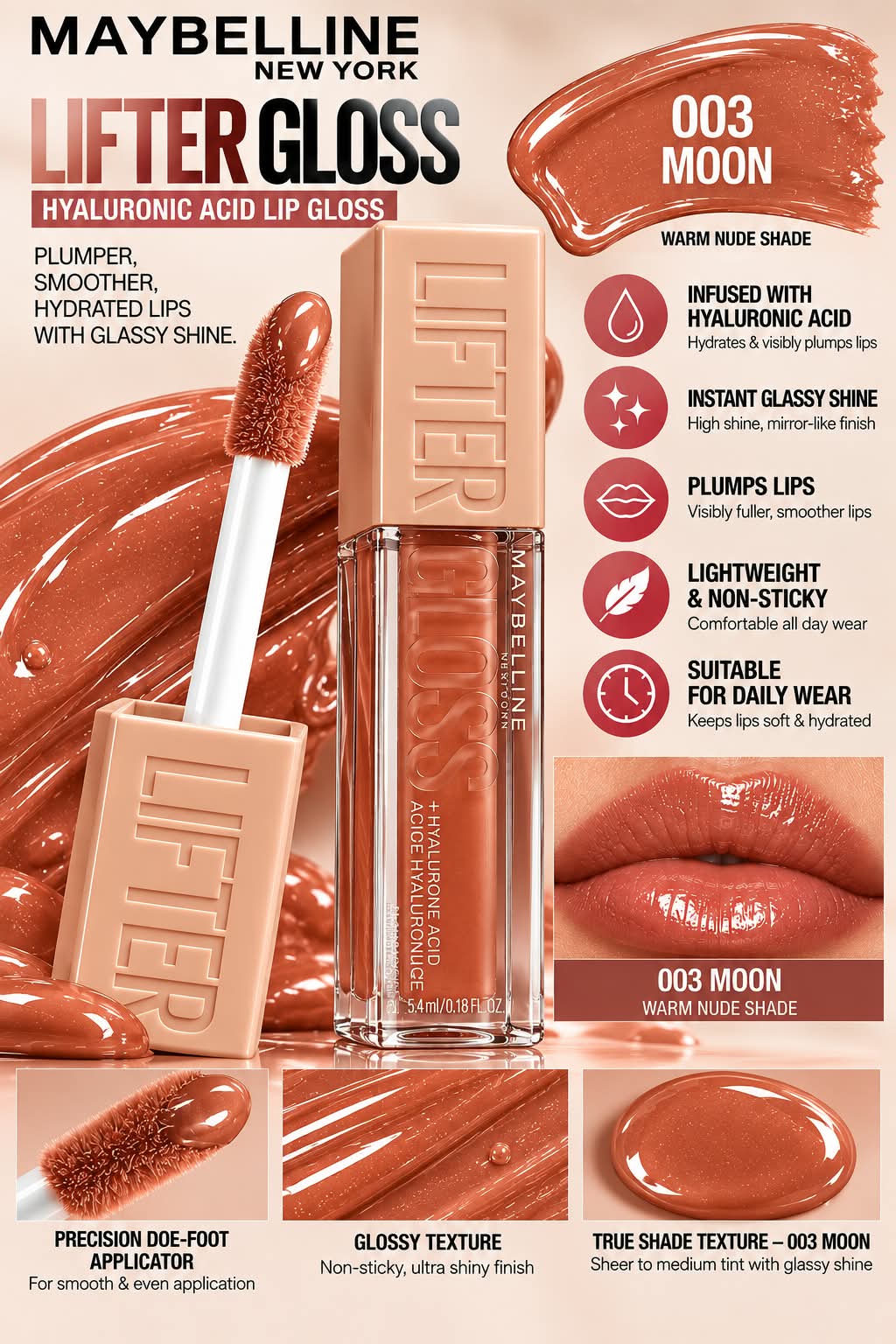 Maybelline New York Lifter Gloss - Rust, Tinted Lip Gloss With Hyaluronic Acid & Long-lasting