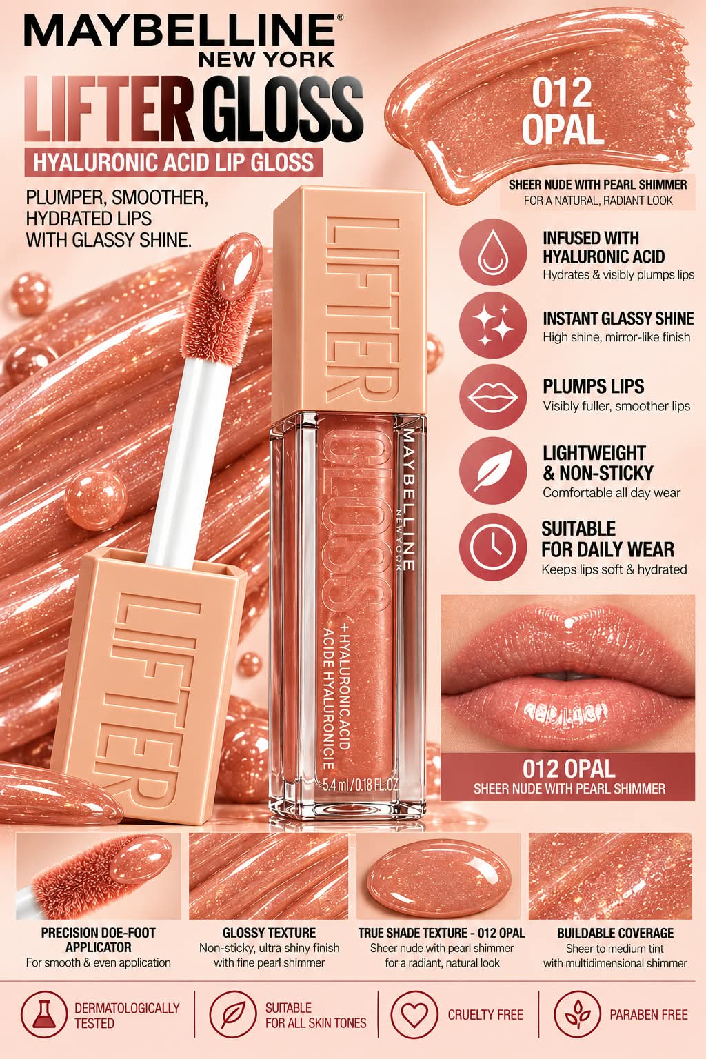 Maybelline New York Lifter Gloss - Rust, Tinted Lip Gloss With Hyaluronic Acid & Long-lasting