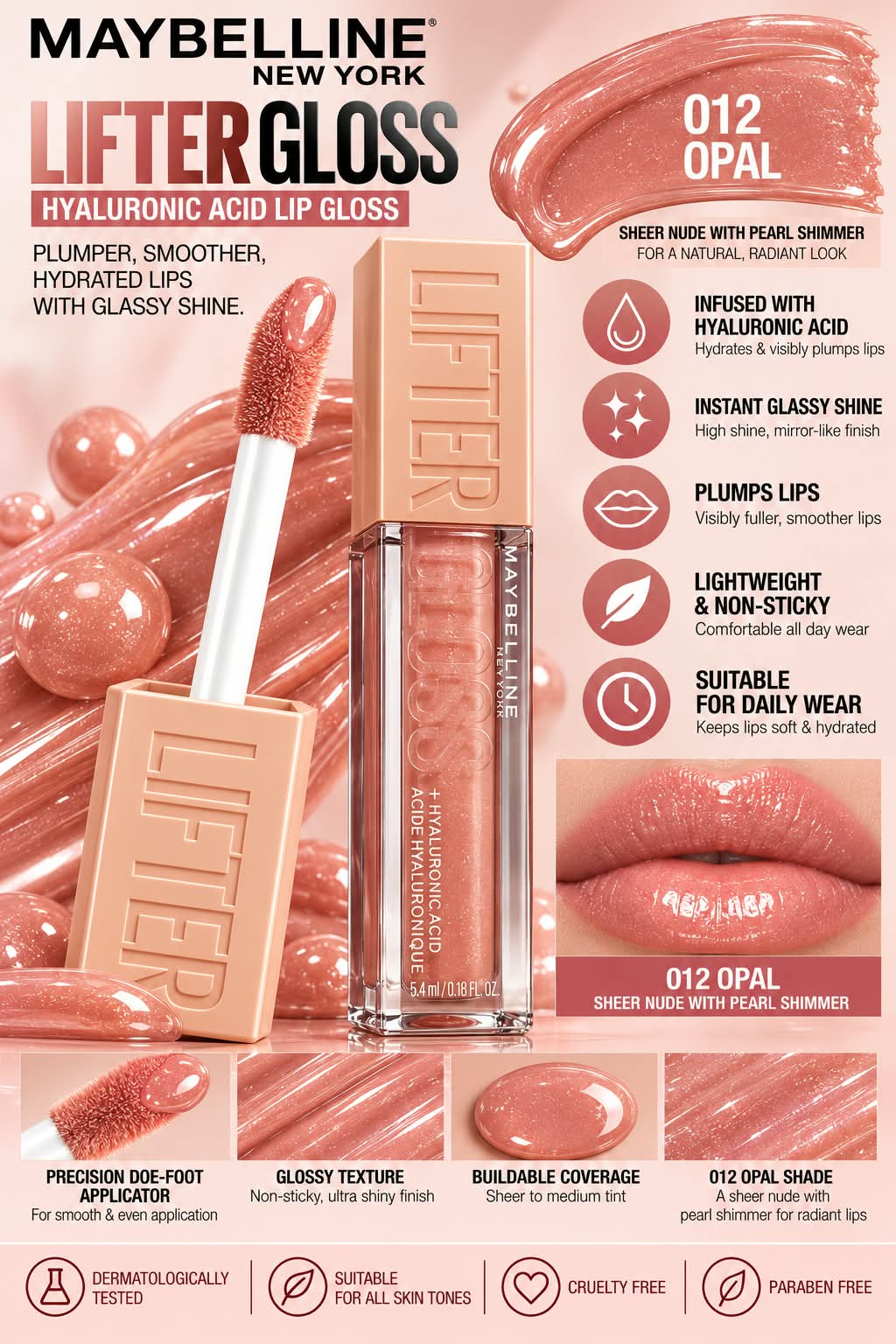 Maybelline New York Lifter Gloss - Rust, Tinted Lip Gloss With Hyaluronic Acid & Long-lasting