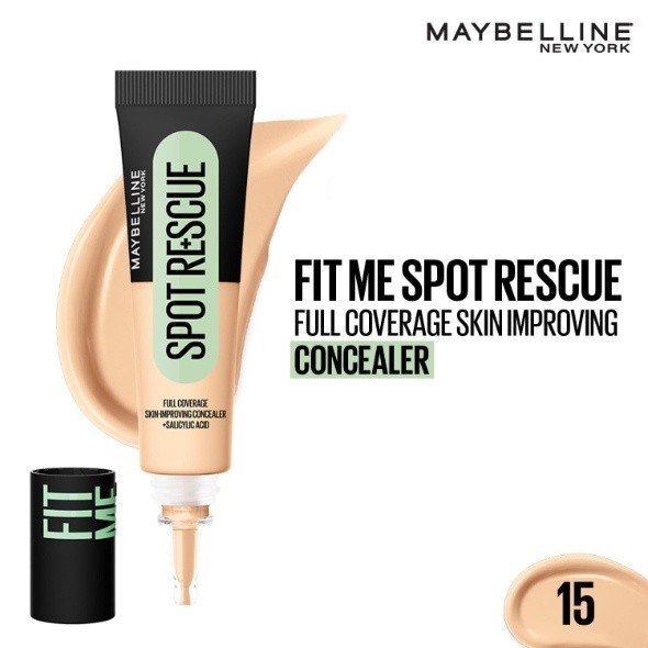 Maybelline New York Fit Me Spot Rescue Full Coverage Concealer, 24H Wear, Fades Spots, Minimizes Pimples, Clinically Tested, Non Comedogenic-15, 15ml