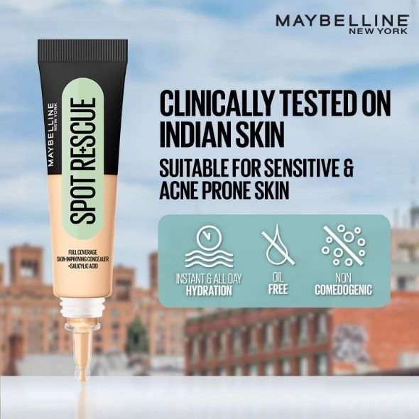 Maybelline New York Fit Me Spot Rescue Full Coverage Concealer, 24H Wear, Fades Spots, Minimizes Pimples, Clinically Tested, Non Comedogenic-15, 15ml