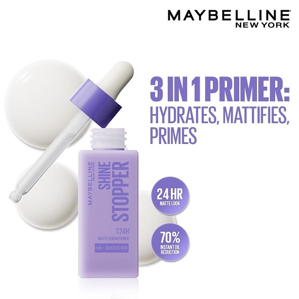 Maybelline New York Shine Stopper Primer | 3-in-1 Serum Primer for Oily Skin to Prime, Mattify, Hydrate with LHA & Salicylic Acid, 25ml