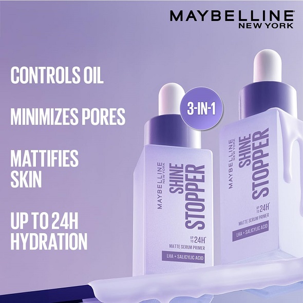 Maybelline New York Shine Stopper Primer | 3-in-1 Serum Primer for Oily Skin to Prime, Mattify, Hydrate with LHA & Salicylic Acid, 25ml