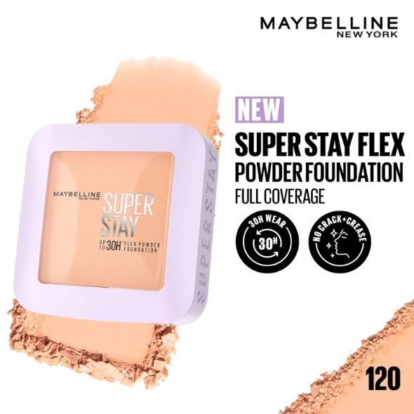 Maybelline New York Super Stay Flex Powder Foundation Compact, 120, Full Coverage, 30H Full Coverage, Perfect for Oily Skin, Waterproof & Sweatproof, 9g