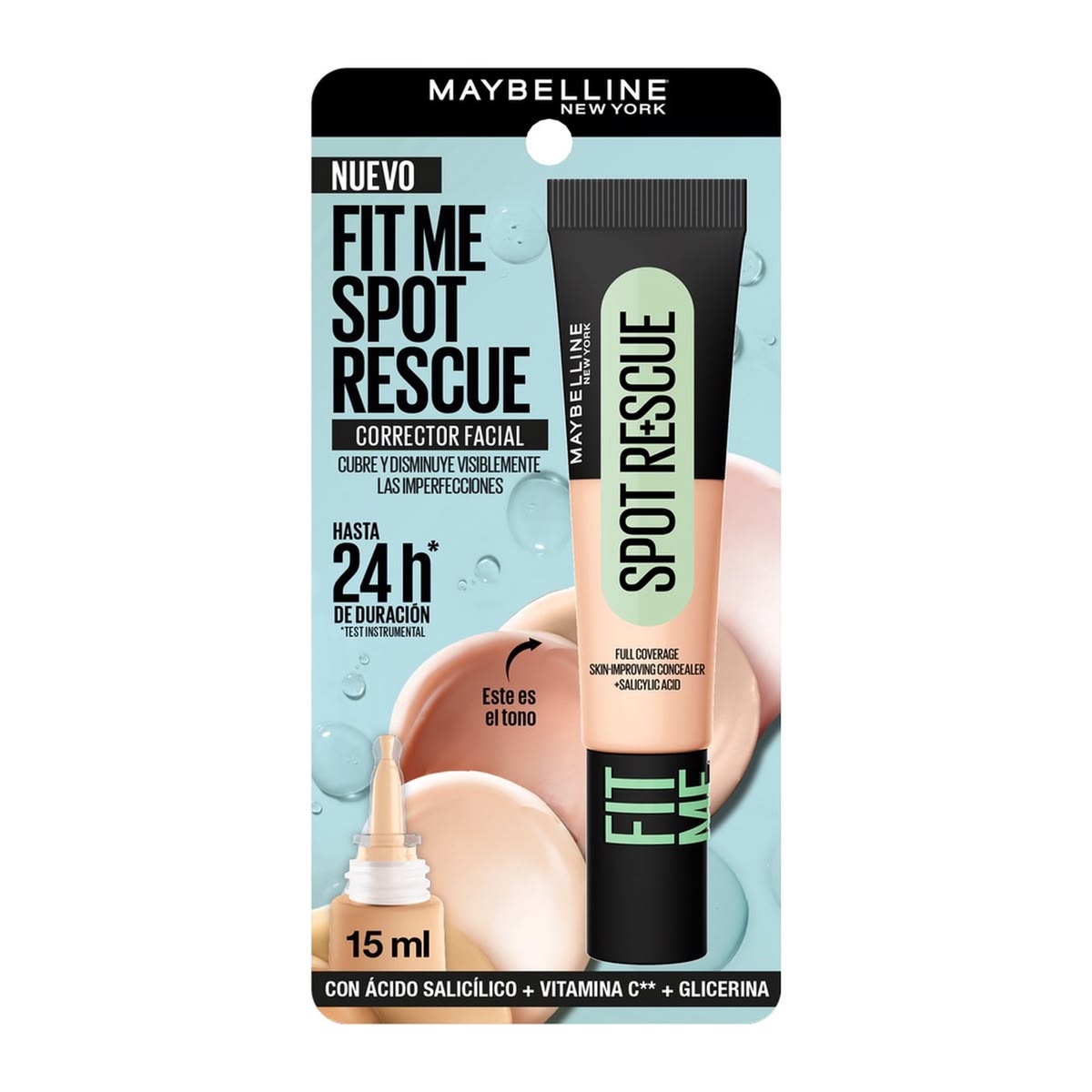 Maybelline New York Fit Me Spot Rescue Full Coverage Concealer, 24H Wear, Fades Spots, Minimizes Pimples, Clinically Tested, Non Comedogenic-15, 15ml
