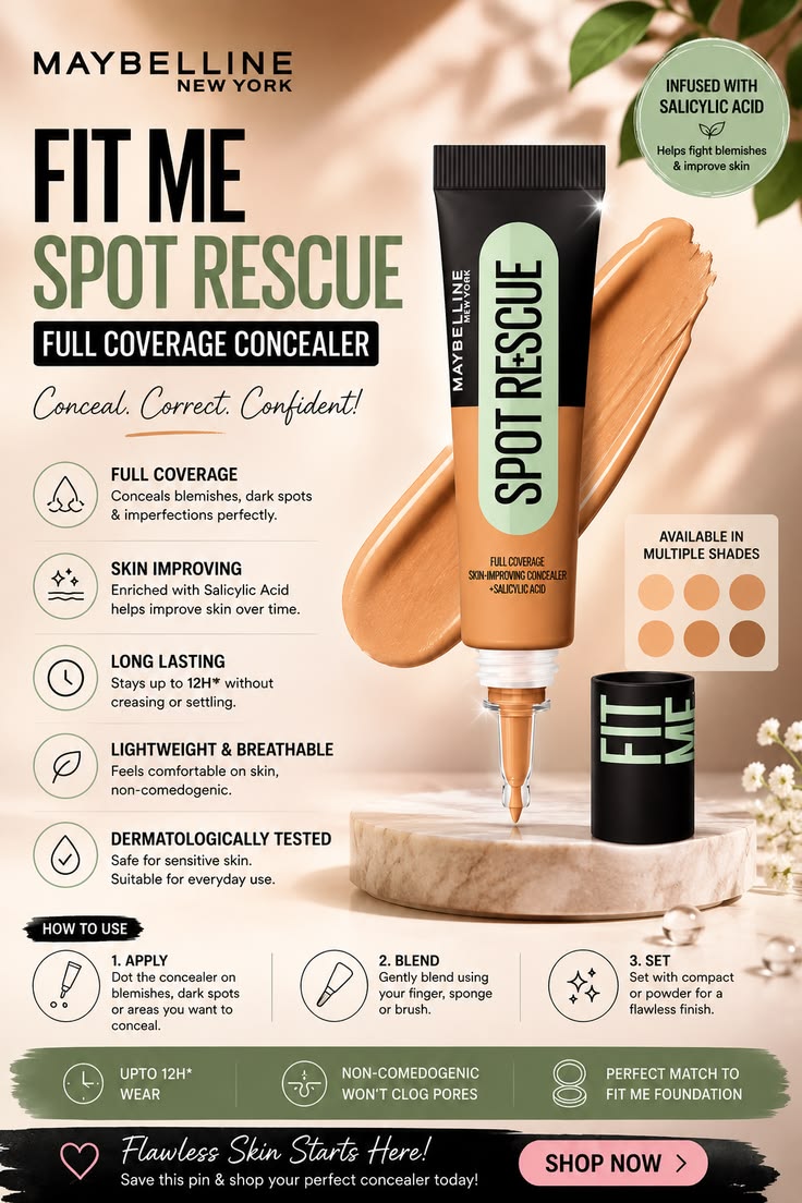 Maybelline New York Fit Me Spot Rescue Full Coverage Concealer, 24H Wear, Fades Spots, Minimizes Pimples, Clinically Tested, Non Comedogenic-15, 15ml