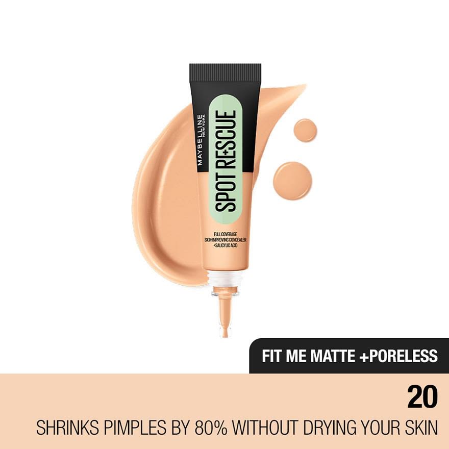 Maybelline New York Fit Me Spot Rescue Full Coverage Concealer, 24H Wear, Fades Spots, Minimizes Pimples, Clinically Tested, Non Comedogenic-15, 15ml