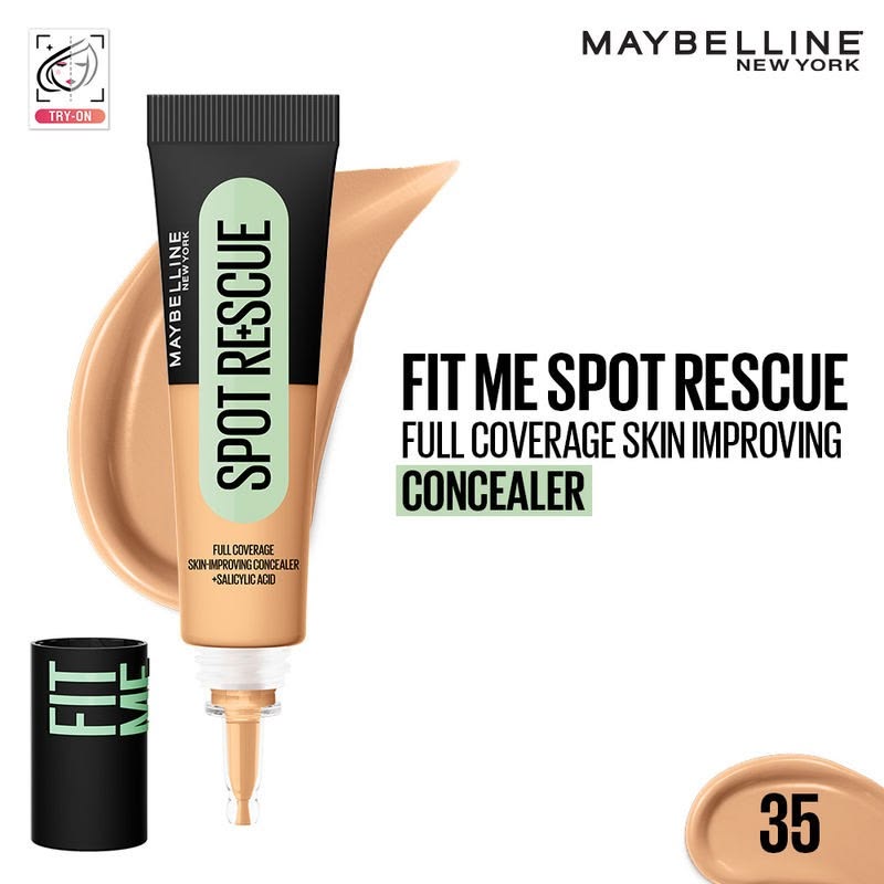 Maybelline New York Fit Me Spot Rescue Full Coverage Concealer, 24H Wear, Fades Spots, Minimizes Pimples, Clinically Tested, Non Comedogenic-15, 15ml