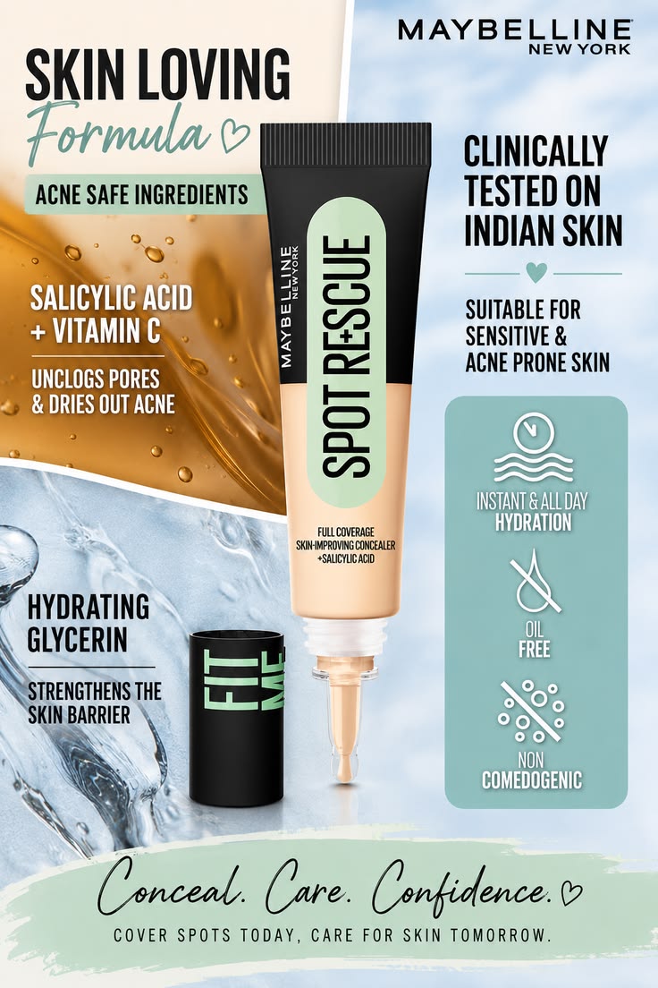 Maybelline New York Fit Me Spot Rescue Full Coverage Concealer, 24H Wear, Fades Spots, Minimizes Pimples, Clinically Tested, Non Comedogenic-15, 15ml