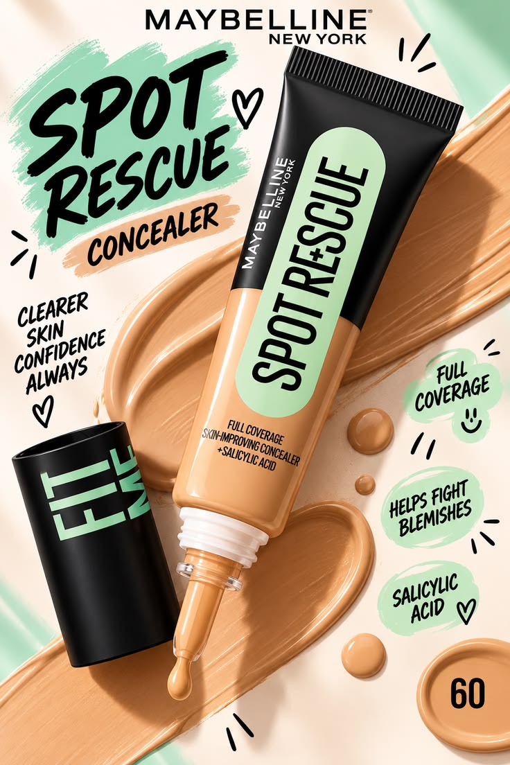 Maybelline New York Fit Me Spot Rescue Full Coverage Concealer, 24H Wear, Fades Spots, Minimizes Pimples, Clinically Tested, Non Comedogenic-15, 15ml