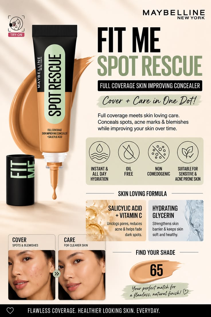 Maybelline New York Fit Me Spot Rescue Full Coverage Concealer, 24H Wear, Fades Spots, Minimizes Pimples, Clinically Tested, Non Comedogenic-15, 15ml