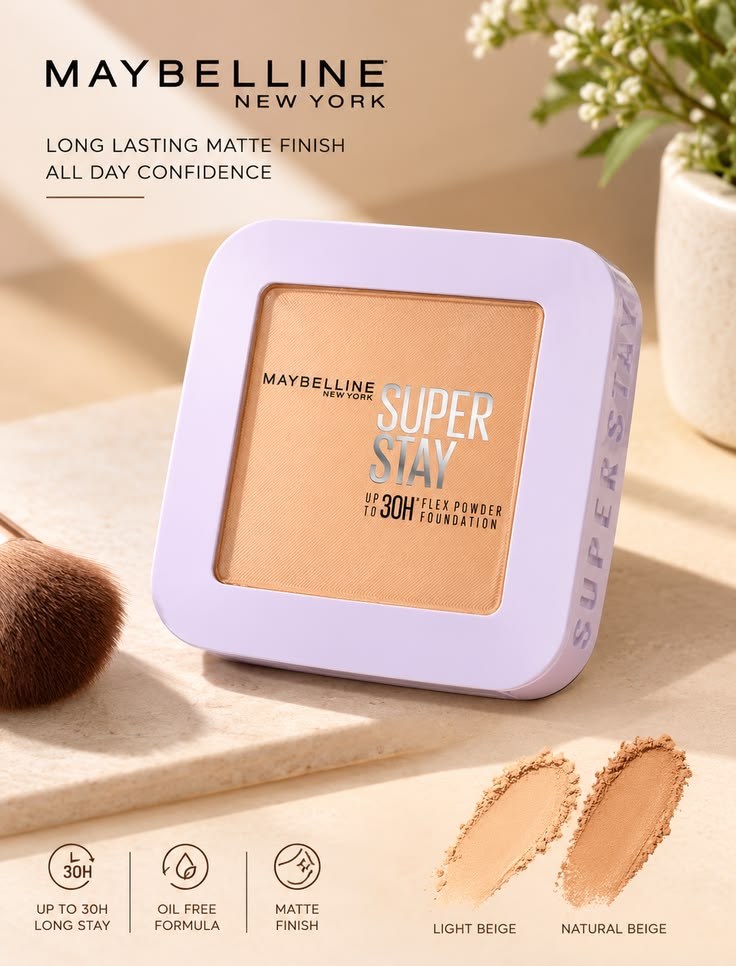 Maybelline New York Super Stay Flex Powder Foundation Compact, 120, Full Coverage, 30H Full Coverage, Perfect for Oily Skin, Waterproof & Sweatproof, 9g