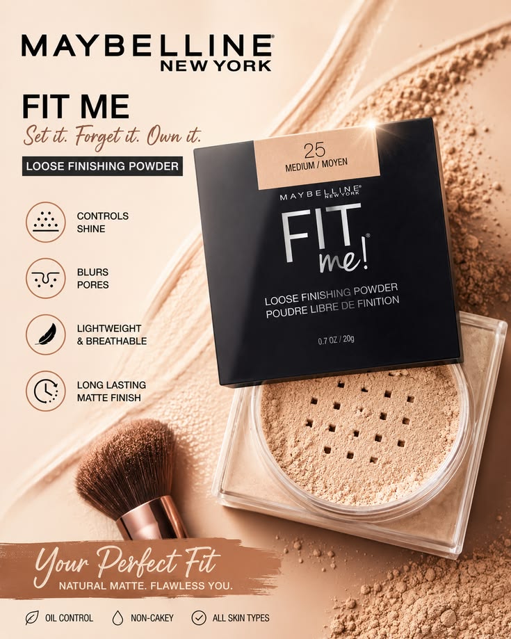 Maybelline New York Fit Me Loose Finishing Powder, Silky and Lightweight, Natural-looking beautiful skin, Quick blendable skin-friendly flawless makeup Loose Powder - Medium|20 grams