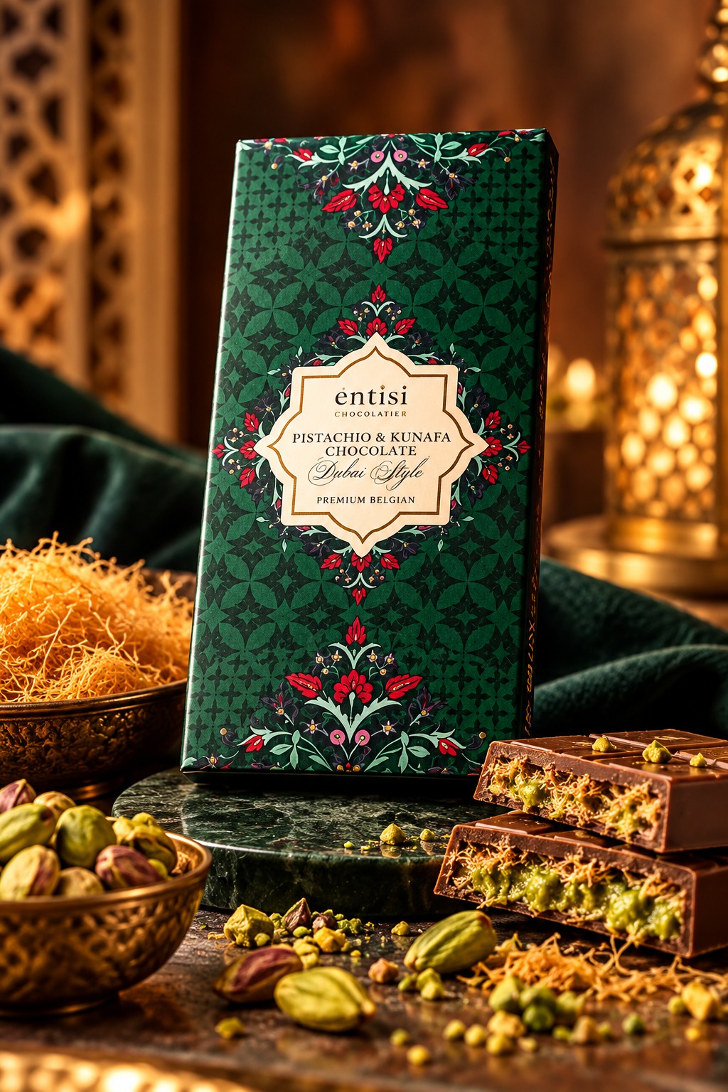 Entisi Chocolatier Pistachio & Kunafa Chocolate Dubai Style 125gm