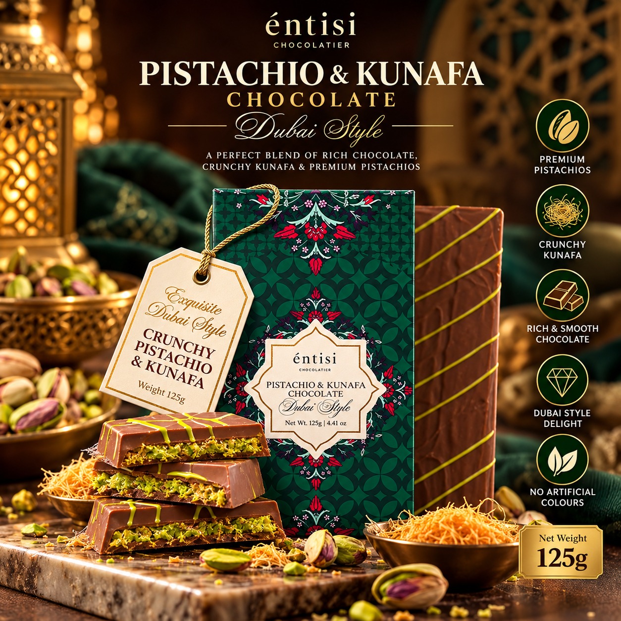 Entisi Chocolatier Pistachio & Kunafa Chocolate Dubai Style 125gm