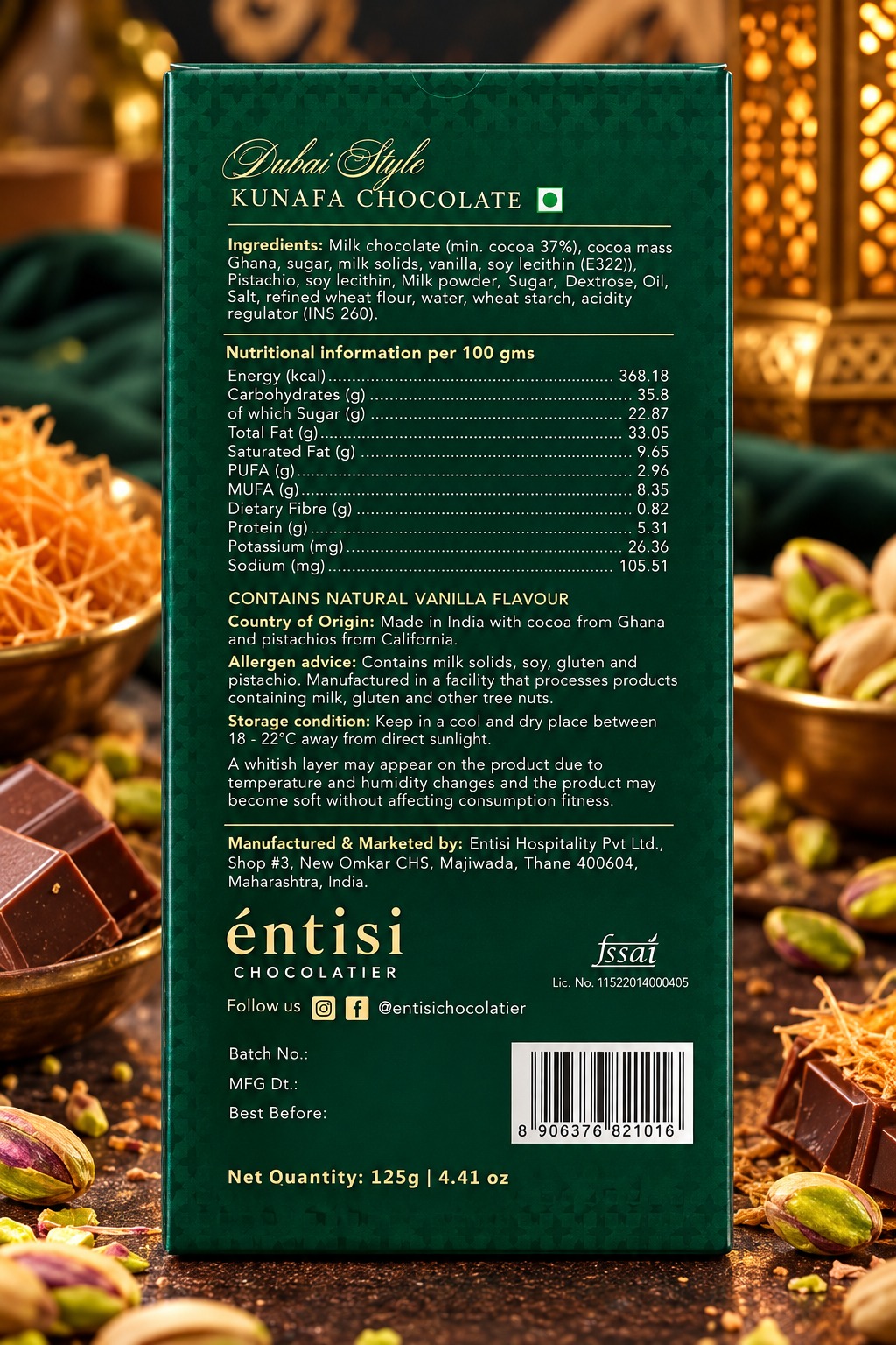 Entisi Chocolatier Pistachio & Kunafa Chocolate Dubai Style 125gm