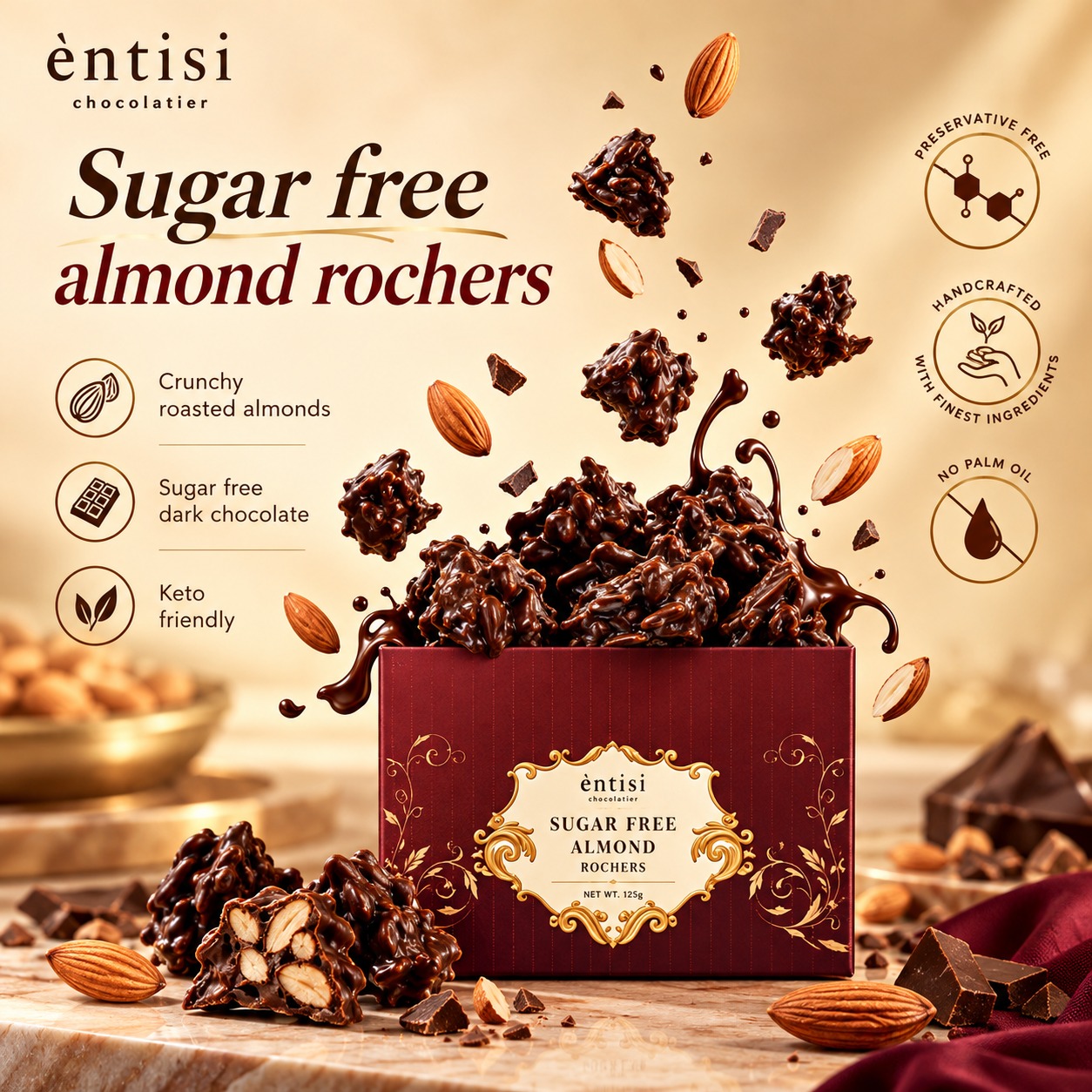 Entisi Chocolatier Sugar Free Almond Rochers 125gm