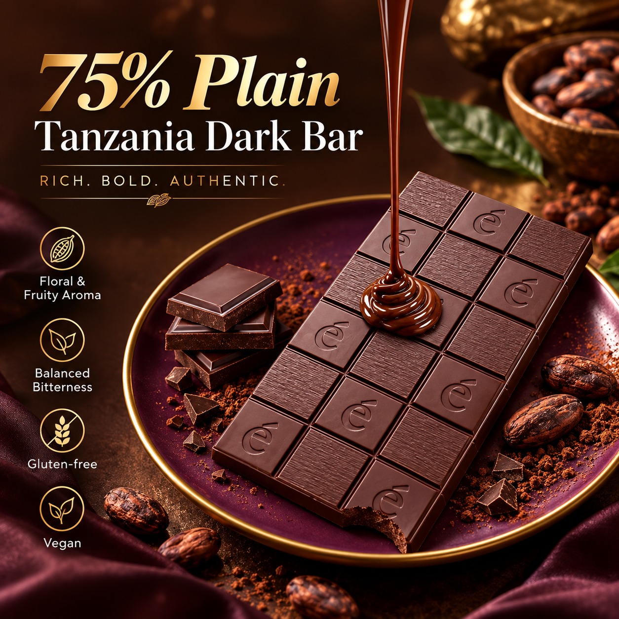 Entisi Chocolatier Fine Dark 75% Cacao Tanzania Bar 65gm