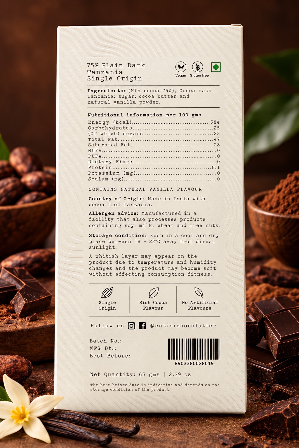 Entisi Chocolatier Fine Dark 75% Cacao Tanzania Bar 65gm