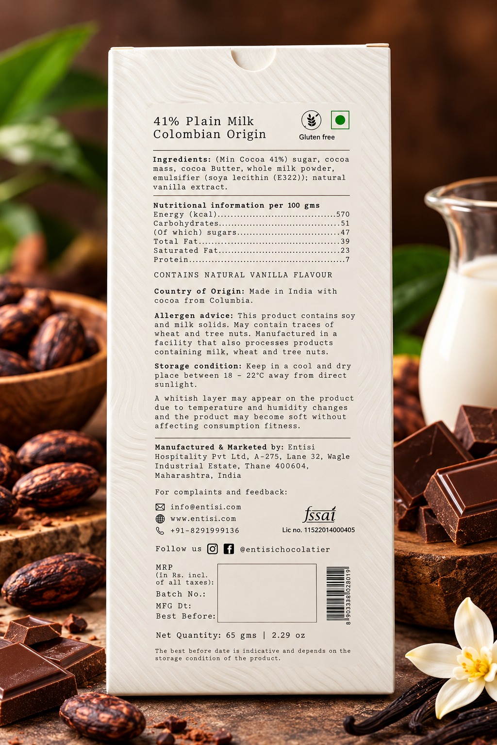 Entisi Chocolatier 41% Fine Milk Chocolate Crafted With Colombia Single Origin Cacao 65gm