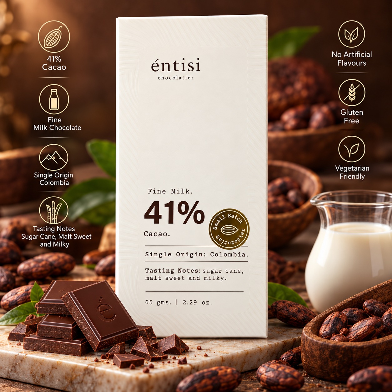 Entisi Chocolatier 41% Fine Milk Chocolate Crafted With Colombia Single Origin Cacao 65gm