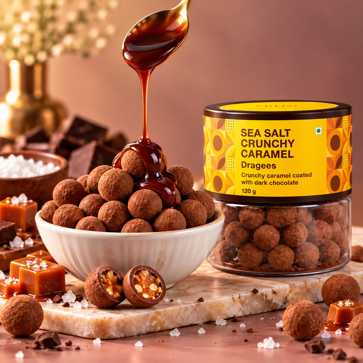 Entisi Chocolatier Sea Salt Crunchy Caramel Dragees Jar 120gm