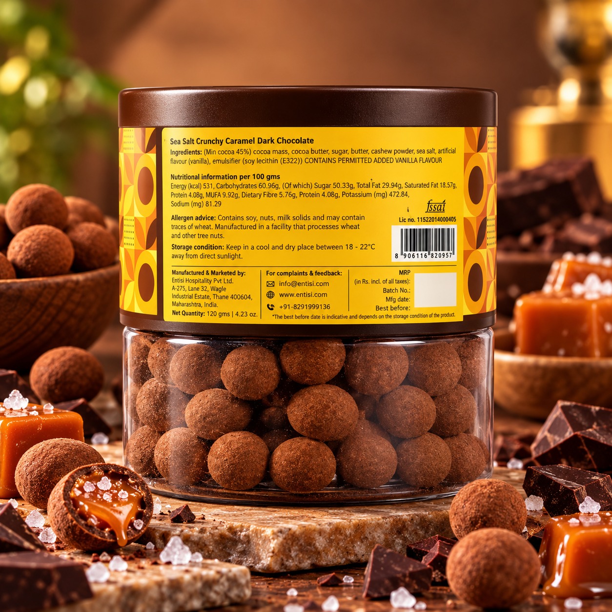 Entisi Chocolatier Sea Salt Crunchy Caramel Dragees Jar 120gm