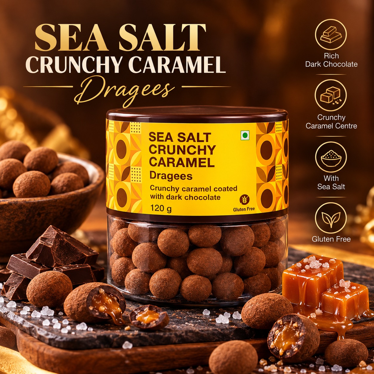 Entisi Chocolatier Sea Salt Crunchy Caramel Dragees Jar 120gm