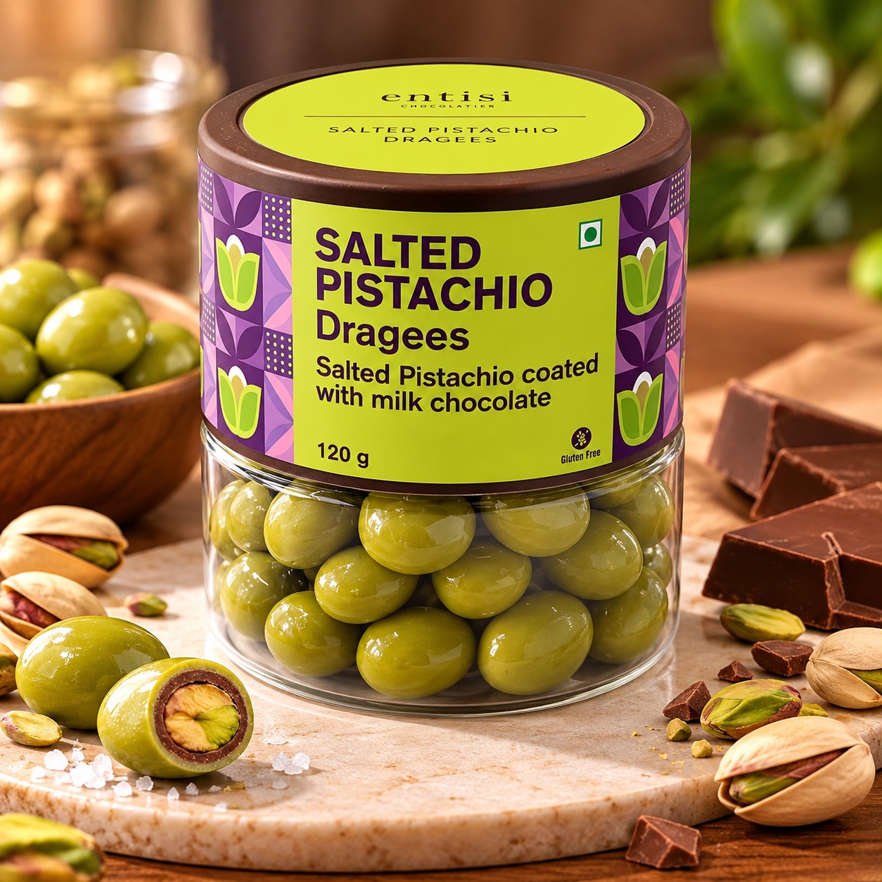 Entisi Chocolatier Salted Pistachio Coated With Milk Chocolate Dragees Jar 120gm