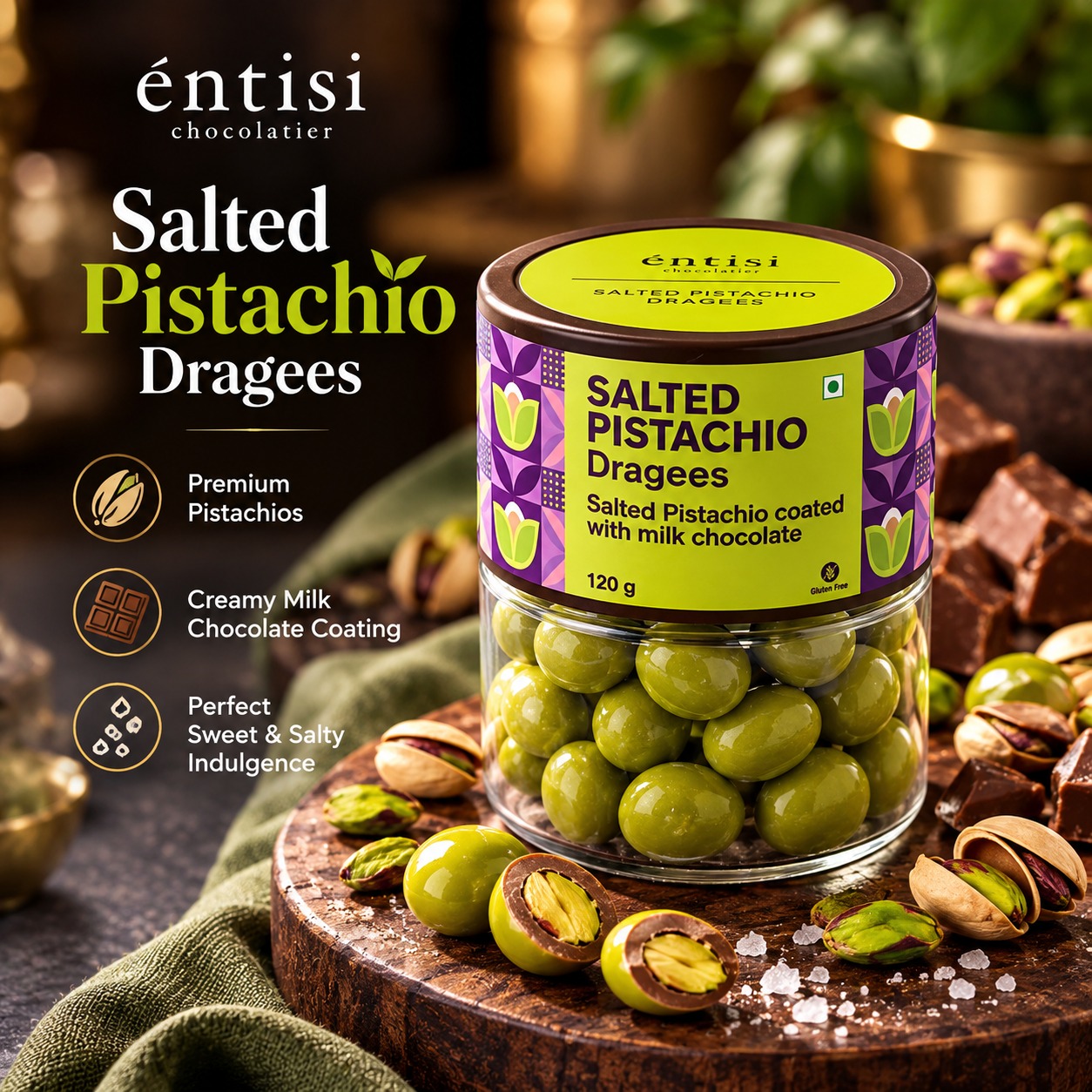 Entisi Chocolatier Salted Pistachio Coated With Milk Chocolate Dragees Jar 120gm