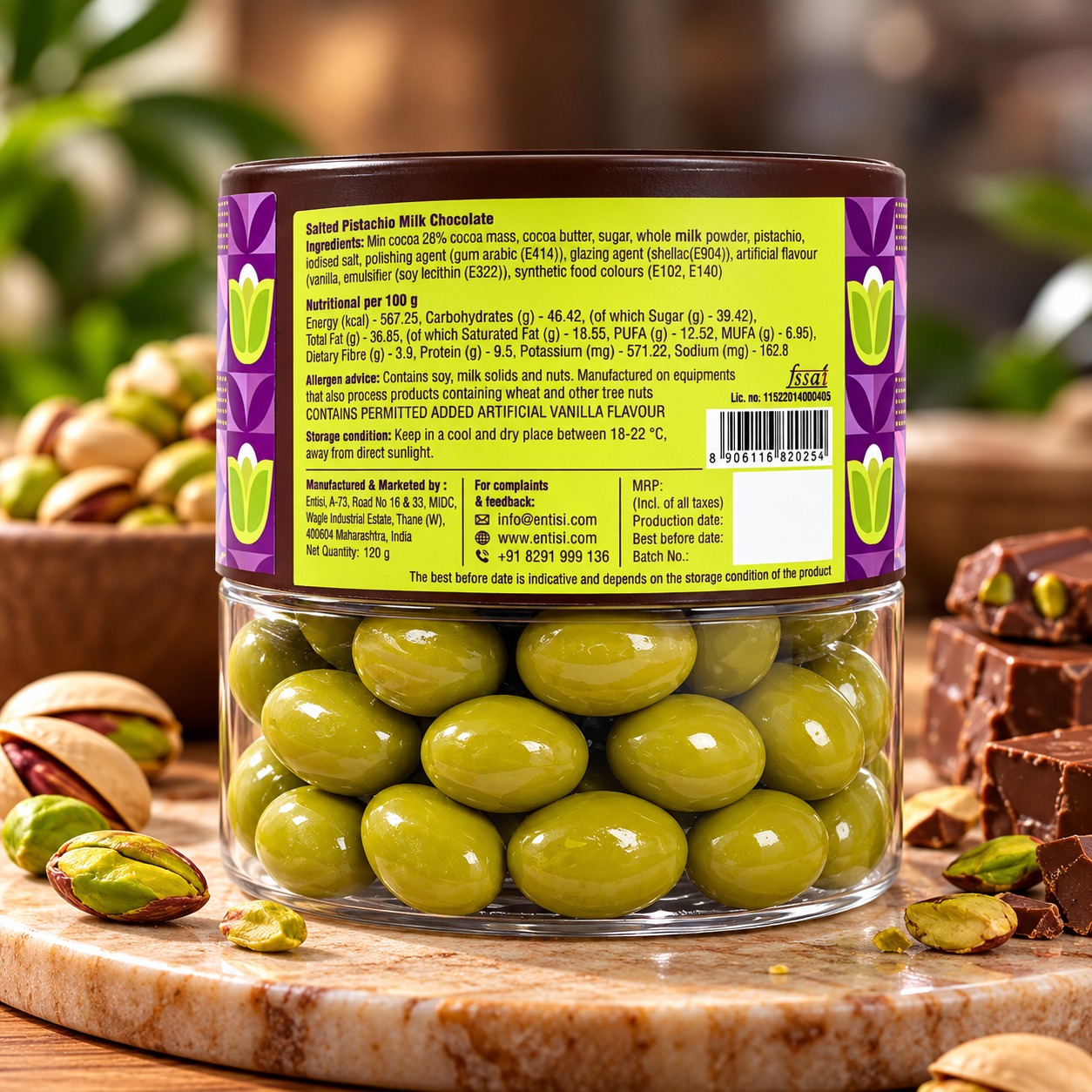 Entisi Chocolatier Salted Pistachio Coated With Milk Chocolate Dragees Jar 120gm