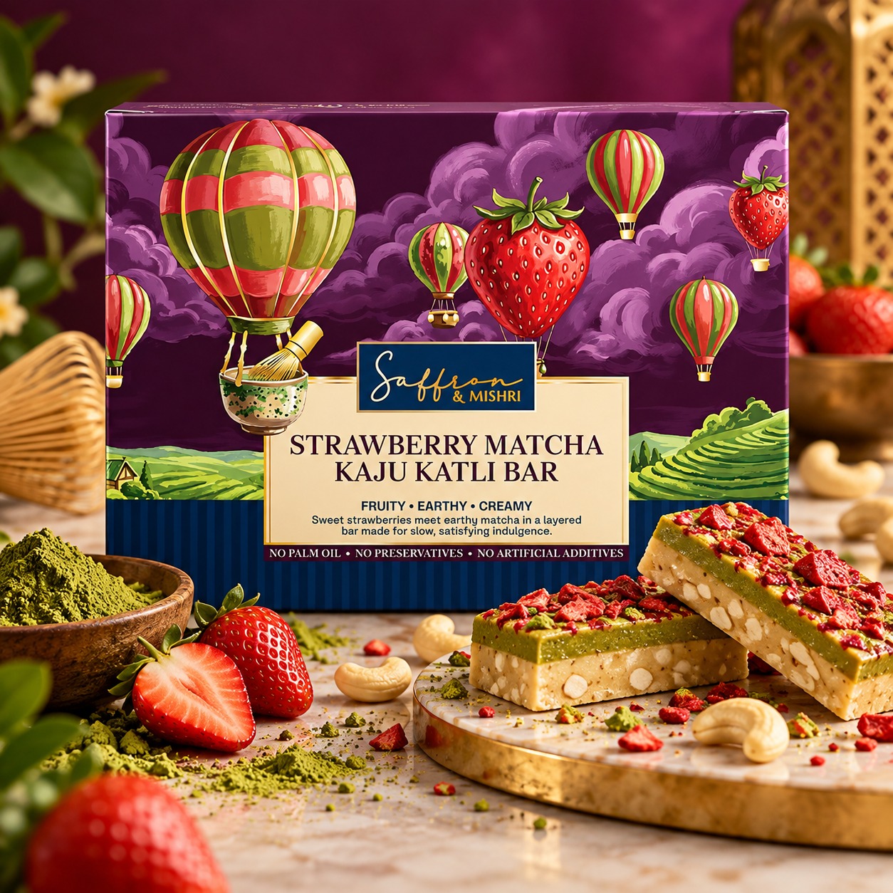Saffron & Mishri Strawberry Matcha Kaju Katli Bar 120g