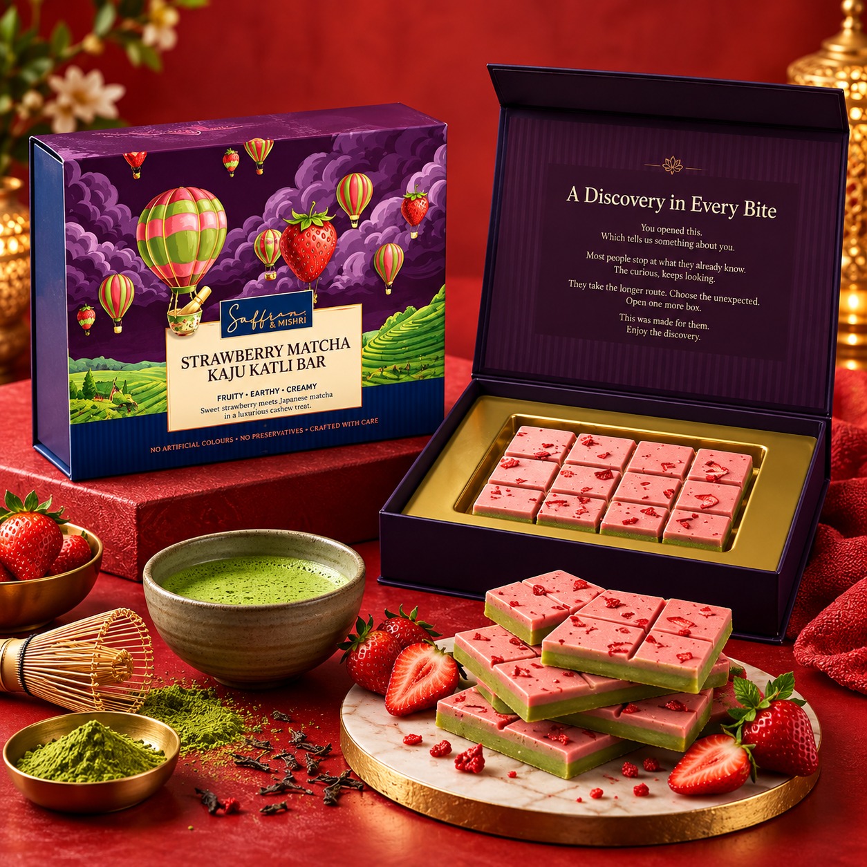 Saffron & Mishri Strawberry Matcha Kaju Katli Bar 120g