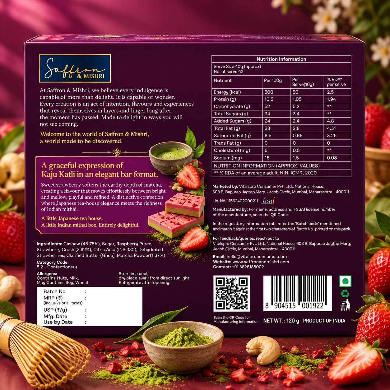 Saffron & Mishri Strawberry Matcha Kaju Katli Bar 120g