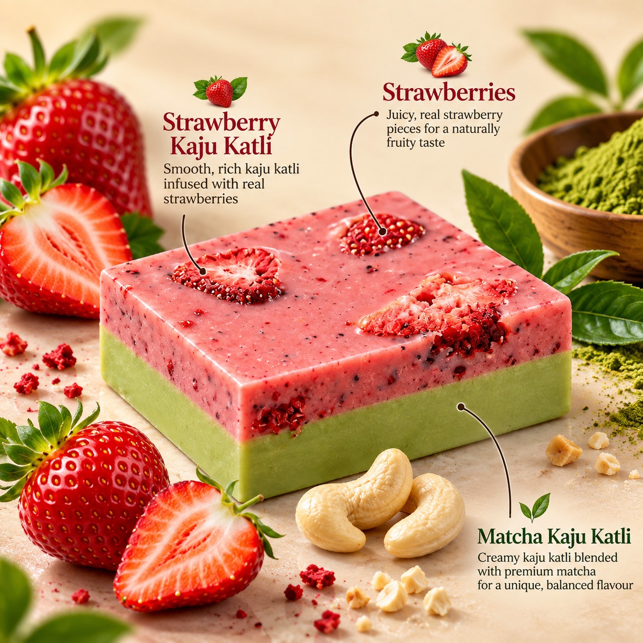 Saffron & Mishri Strawberry Matcha Kaju Katli Bar 120g