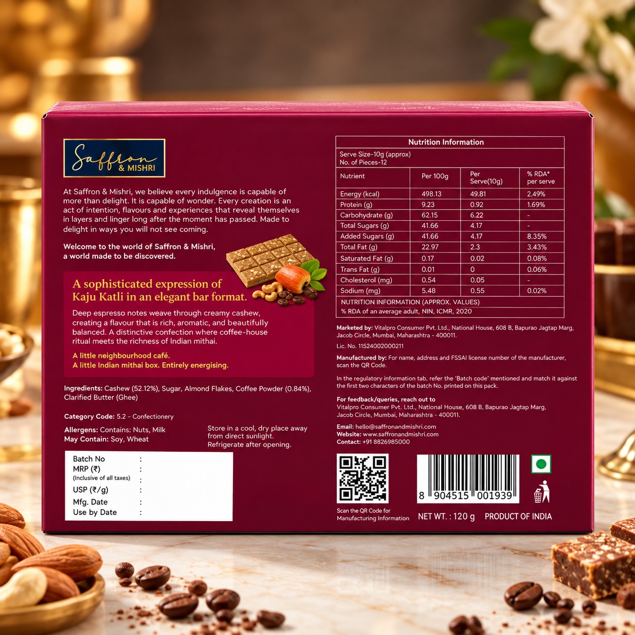 Saffron & Mishri Espresso Coffee Kaju Katli Bar 120g