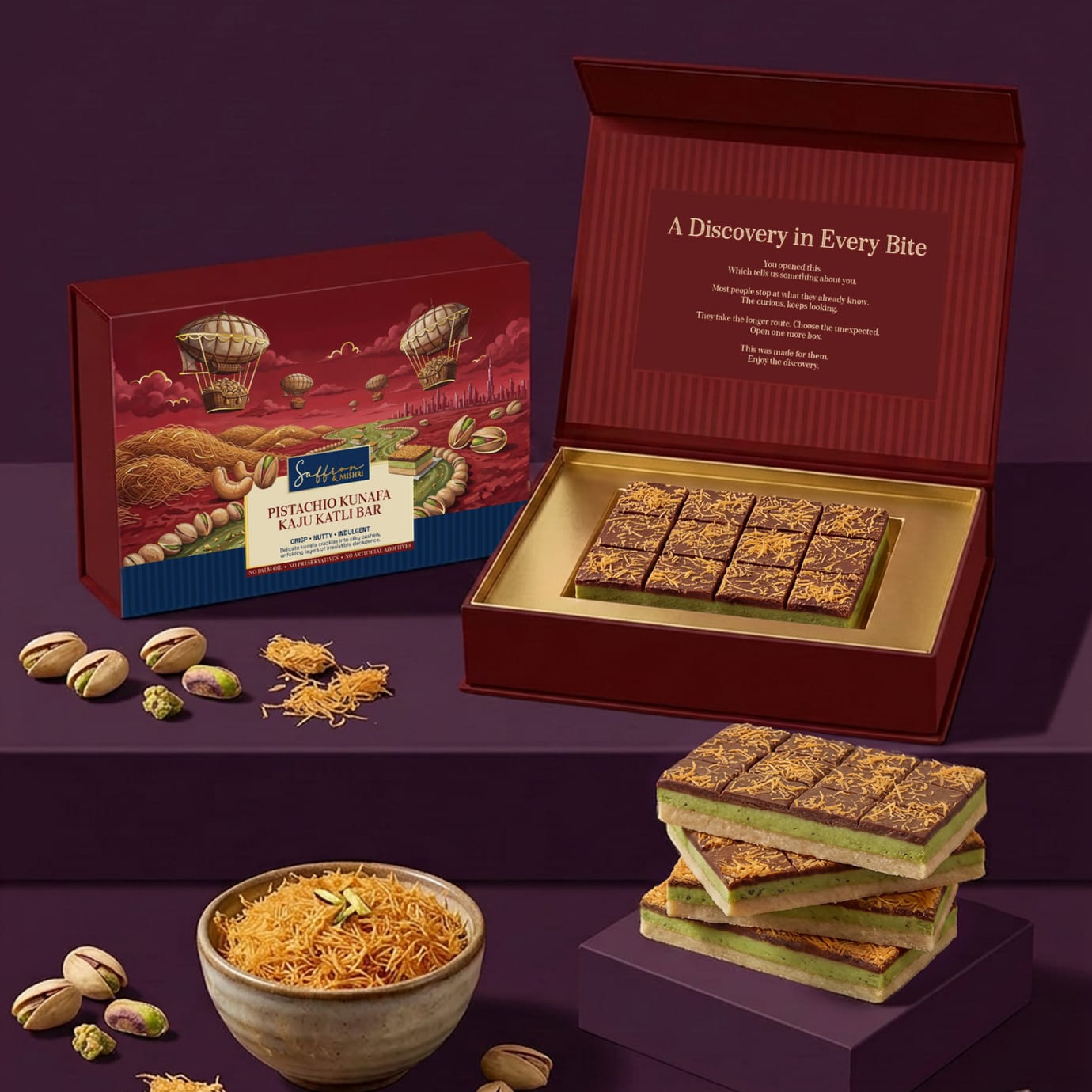 Saffron & Mishri Pistachio Kunafa Kaju Katli Bar 140g