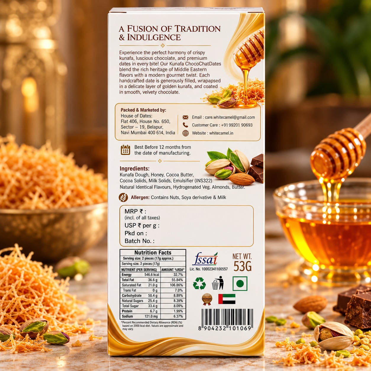 White Camel Kunafa Chocolate With Honey 53gm
