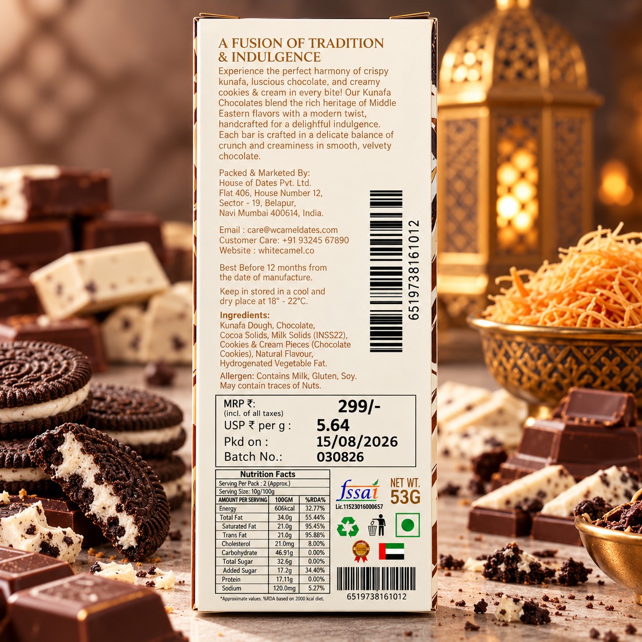White Camel Kunafa Chocolate With Cookies & Cream 53gm