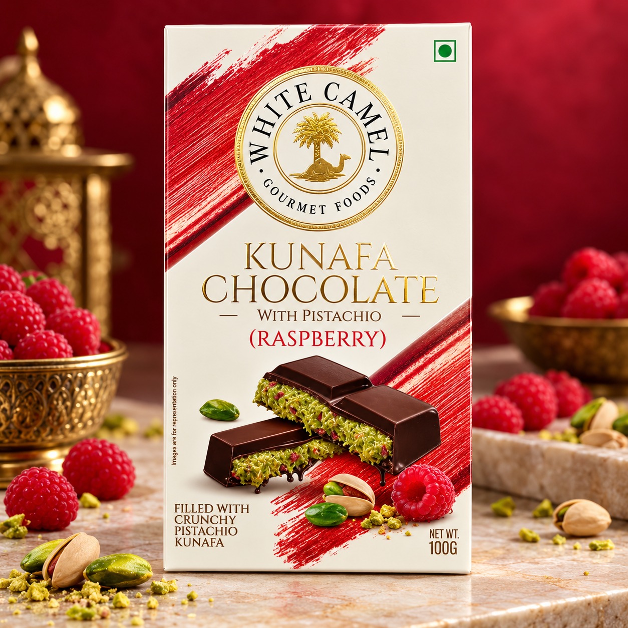 White Camel Kunafa Chocolate With Pistachio Raspberry 100gm