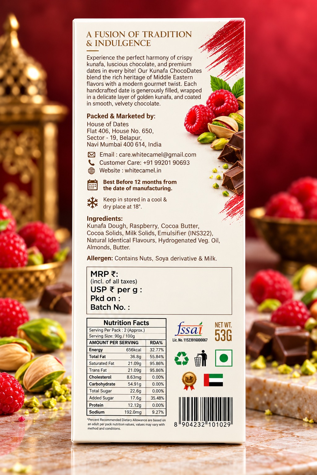 White Camel Kunafa Chocolate With Pistachio Raspberry 100gm