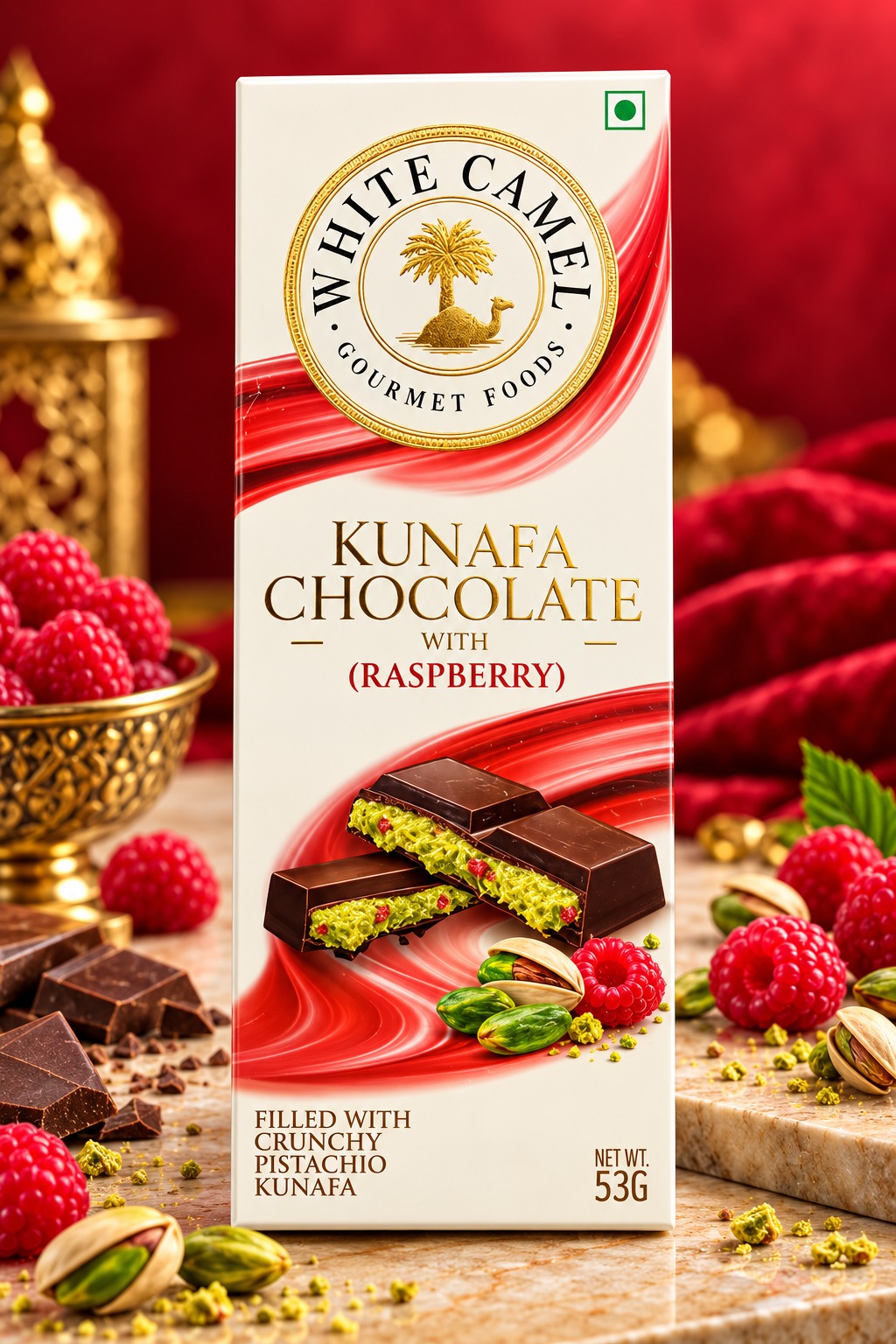 White Camel Kunafa Chocolate With Pistachio Raspberry 100gm