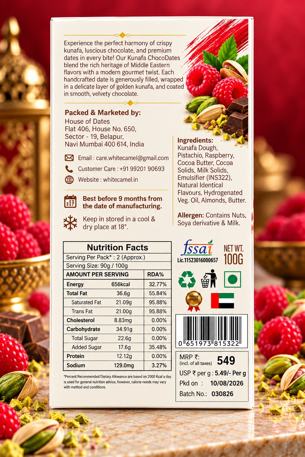 White Camel Kunafa Chocolate With Pistachio Raspberry 100gm